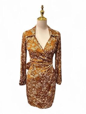 Burnt Orange Silky Feeling Patterned Dresscode Wrap Dress